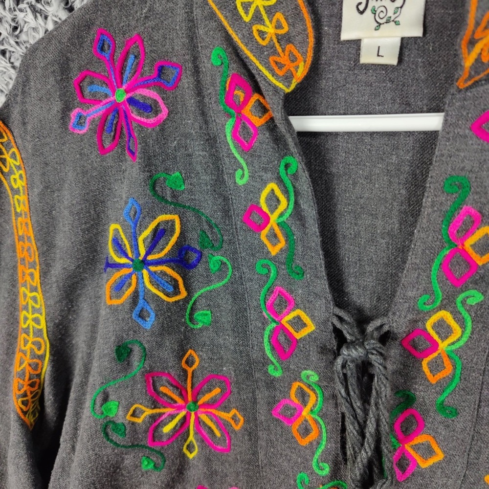 Ivy Jane Women Boho Cottagecore Tunic Top L Gray Embroidered Peasant Blouse - Picture 7 of 11